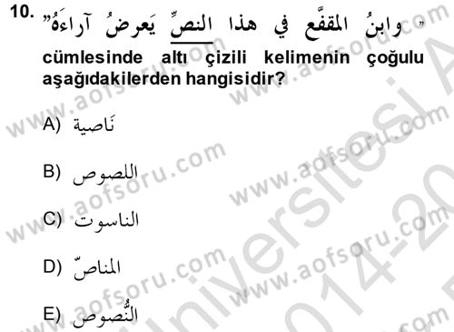 Arapça 4 Dersi 2014 - 2015 Yılı Tek Ders Sınav Soruları 10. Soru