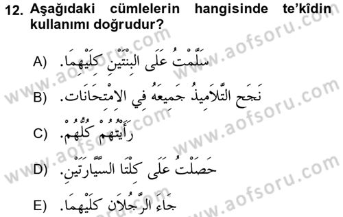 Arapça 4 Dersi 2015 - 2016 Yılı (Final) Dönem Sonu Sınav Soruları 12. Soru