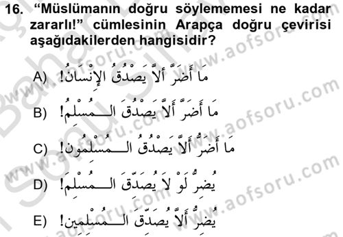 Arapça 4 Dersi 2015 - 2016 Yılı (Final) Dönem Sonu Sınav Soruları 16. Soru