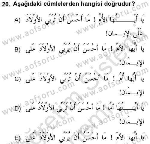 Arapça 4 Dersi 2015 - 2016 Yılı (Final) Dönem Sonu Sınav Soruları 20. Soru