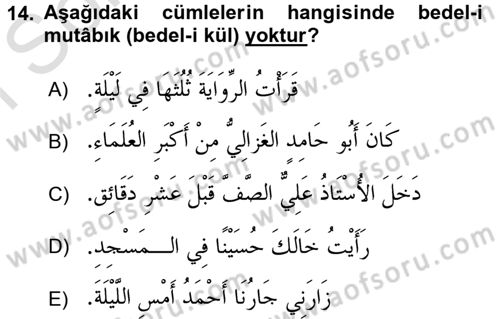 Arapça 4 Dersi 2016 - 2017 Yılı (Final) Dönem Sonu Sınav Soruları 14. Soru