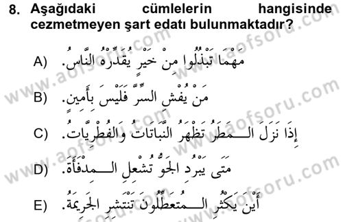 Arapça 4 Dersi 2016 - 2017 Yılı (Final) Dönem Sonu Sınav Soruları 8. Soru