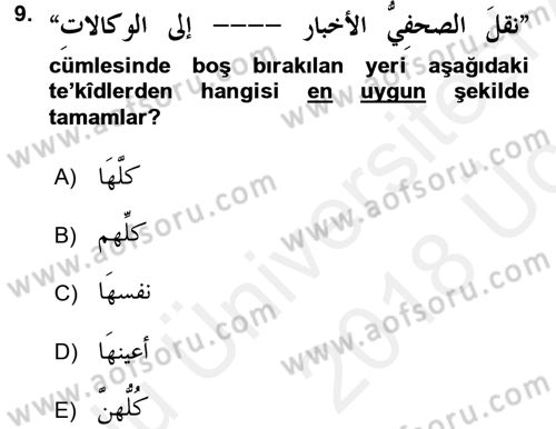 Arapça 4 Dersi 2017 - 2018 Yılı 3 Ders Sınav Soruları 9. Soru