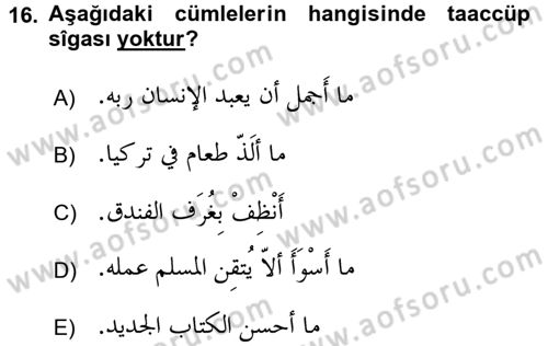 Arapça 4 Dersi 2017 - 2018 Yılı (Final) Dönem Sonu Sınav Soruları 16. Soru