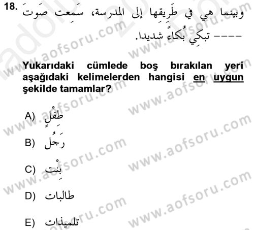 Arapça 4 Dersi 2017 - 2018 Yılı (Final) Dönem Sonu Sınav Soruları 18. Soru