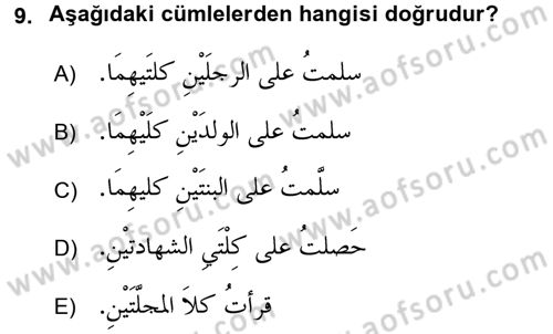 Arapça 4 Dersi 2017 - 2018 Yılı (Final) Dönem Sonu Sınav Soruları 9. Soru