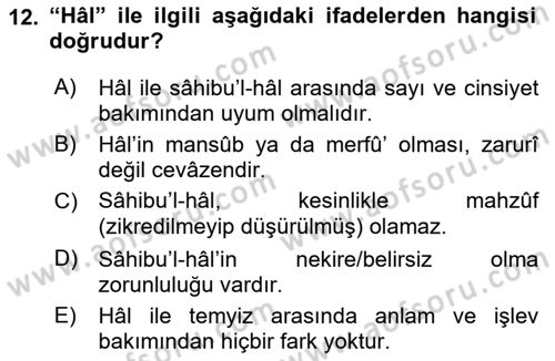 Arapça 4 Dersi 2018 - 2019 Yılı 3 Ders Sınav Soruları 12. Soru