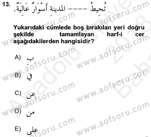 Arapça 4 Dersi 2018 - 2019 Yılı (Vize) Ara Sınav Soruları 13. Soru