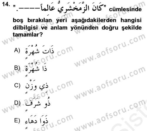 Arapça 4 Dersi 2018 - 2019 Yılı (Vize) Ara Sınav Soruları 14. Soru