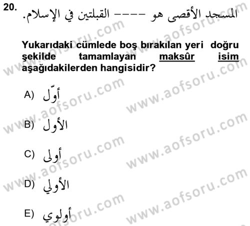 Arapça 4 Dersi 2018 - 2019 Yılı (Vize) Ara Sınav Soruları 20. Soru