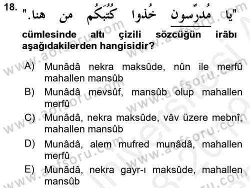 Arapça 4 Dersi 2018 - 2019 Yılı (Final) Dönem Sonu Sınavı 18. Soru