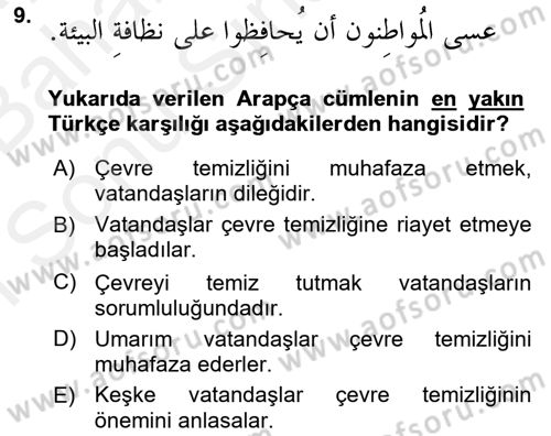 Arapça 4 Dersi 2018 - 2019 Yılı (Final) Dönem Sonu Sınavı 9. Soru