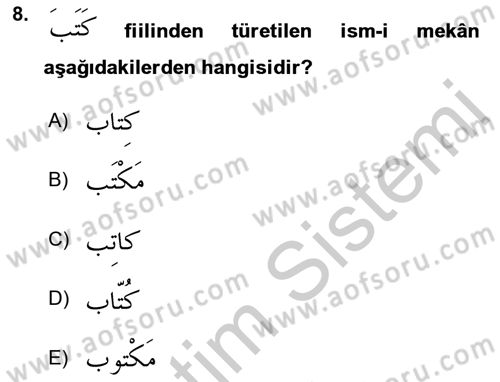 Arapça 4 Dersi 2018 - 2019 Yılı Yaz Okulu Sınav Soruları 8. Soru