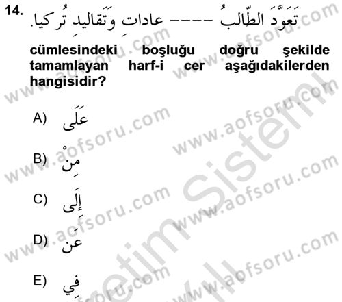 Arapça 4 Dersi 2020 - 2021 Yılı Yaz Okulu Sınav Soruları 14. Soru
