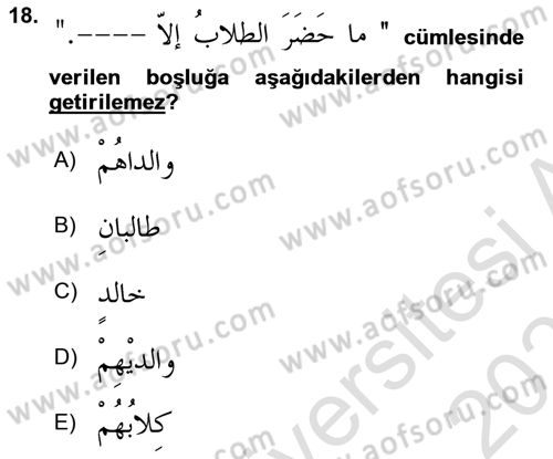 Arapça 4 Dersi 2020 - 2021 Yılı Yaz Okulu Sınav Soruları 18. Soru