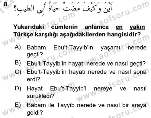 Arapça 4 Dersi 2020 - 2021 Yılı Yaz Okulu Sınav Soruları 8. Soru