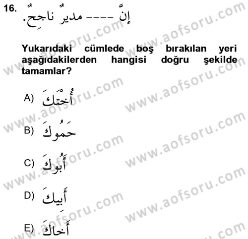 Arapça 4 Dersi 2021 - 2022 Yılı (Vize) Ara Sınav Soruları 16. Soru
