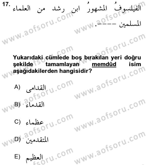 Arapça 4 Dersi 2021 - 2022 Yılı (Vize) Ara Sınav Soruları 17. Soru