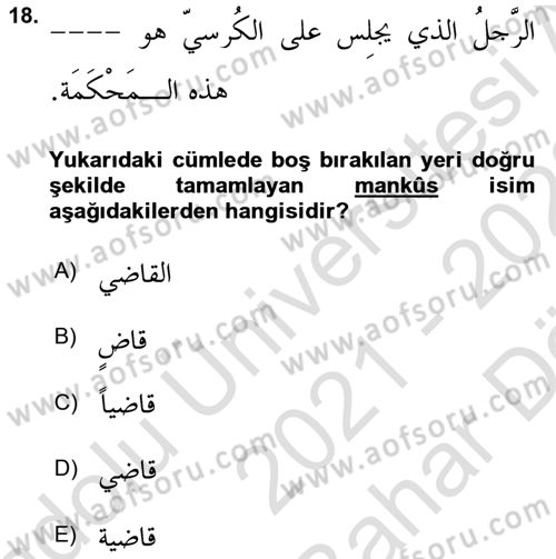 Arapça 4 Dersi 2021 - 2022 Yılı (Vize) Ara Sınav Soruları 18. Soru