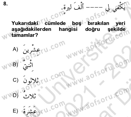 Arapça 4 Dersi 2021 - 2022 Yılı (Vize) Ara Sınav Soruları 8. Soru