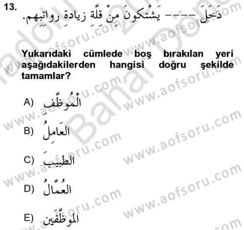 Arapça 4 Dersi 2021 - 2022 Yılı (Final) Dönem Sonu Sınav Soruları 13. Soru