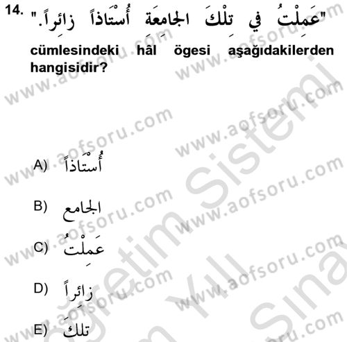 Arapça 4 Dersi 2021 - 2022 Yılı (Final) Dönem Sonu Sınav Soruları 14. Soru