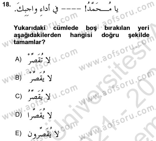 Arapça 4 Dersi 2021 - 2022 Yılı (Final) Dönem Sonu Sınavı 18. Soru