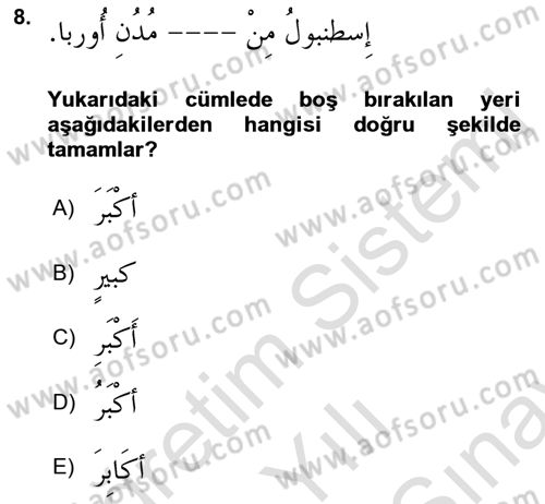 Arapça 4 Dersi 2021 - 2022 Yılı (Final) Dönem Sonu Sınav Soruları 8. Soru