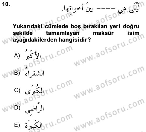 Arapça 4 Dersi 2021 - 2022 Yılı Yaz Okulu Sınavı 10. Soru