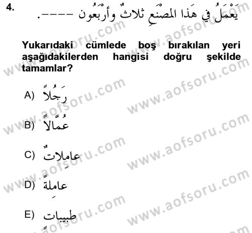 Arapça 4 Dersi 2021 - 2022 Yılı Yaz Okulu Sınavı 4. Soru