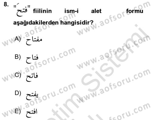 Arapça 4 Dersi 2021 - 2022 Yılı Yaz Okulu Sınavı 8. Soru