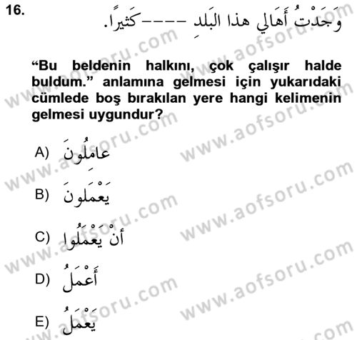 Arapça 4 Dersi 2022 - 2023 Yılı Yaz Okulu Sınav Soruları 16. Soru