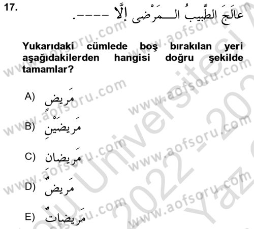 Arapça 4 Dersi 2022 - 2023 Yılı Yaz Okulu Sınav Soruları 17. Soru