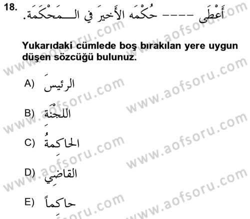 Arapça 4 Dersi 2023 - 2024 Yılı (Vize) Ara Sınav Soruları 18. Soru
