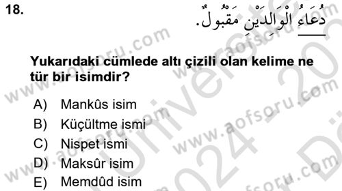 Arapça 4 Dersi 2024 - 2025 Yılı (Vize) Ara Sınav Soruları 18. Soru