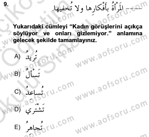Arapça 4 Dersi Yaz Okulu Sınavı Deneme Sınav Soruları 9. Soru
