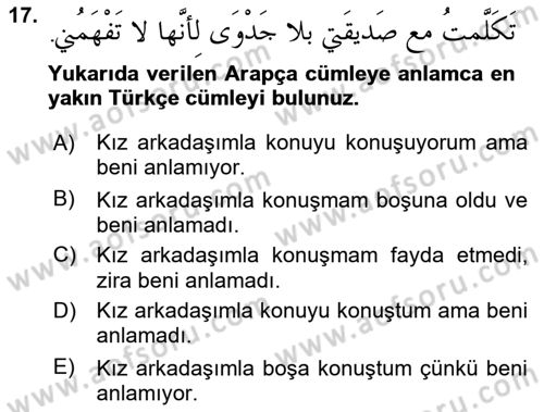Arapça 4 Dersi 2025 - 2026 Yılı (Final) Dönem Sonu Sınav Soruları 17. Soru