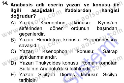 Anadolu Arkeolojisi Dersi 2012 - 2013 Yılı (Final) Dönem Sonu Sınav Soruları 14. Soru