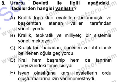 Anadolu Arkeolojisi Dersi 2012 - 2013 Yılı (Final) Dönem Sonu Sınav Soruları 8. Soru