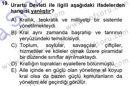 Anadolu Arkeolojisi Dersi 2014 - 2015 Yılı (Vize) Ara Sınav Soruları 19. Soru