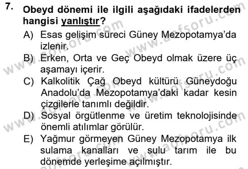 Anadolu Arkeolojisi Dersi Ara Sınavı Deneme Sınav Soruları 7. Soru