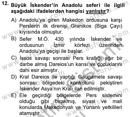 Anadolu Arkeolojisi Dersi 2014 - 2015 Yılı (Final) Dönem Sonu Sınav Soruları 12. Soru