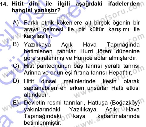 Anadolu Arkeolojisi Dersi 2015 - 2016 Yılı (Vize) Ara Sınav Soruları 14. Soru