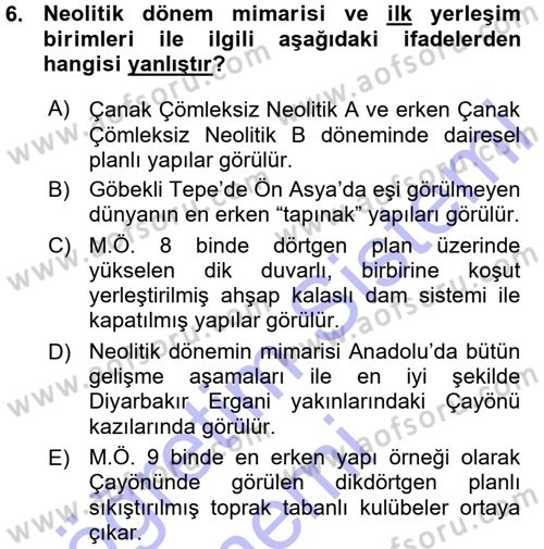Anadolu Arkeolojisi Dersi Ara Sınavı Deneme Sınav Soruları 6. Soru