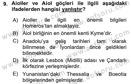 Anadolu Arkeolojisi Dersi 2015 - 2016 Yılı (Final) Dönem Sonu Sınav Soruları 9. Soru