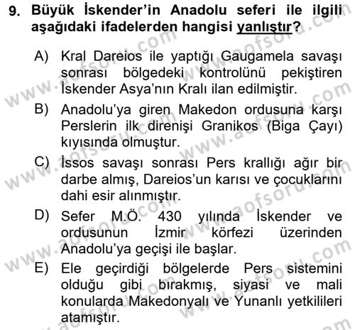Anadolu Arkeolojisi Dersi 2017 - 2018 Yılı (Final) Dönem Sonu Sınav Soruları 9. Soru