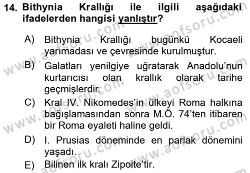 Anadolu Arkeolojisi Dersi 2018 - 2019 Yılı (Final) Dönem Sonu Sınav Soruları 14. Soru