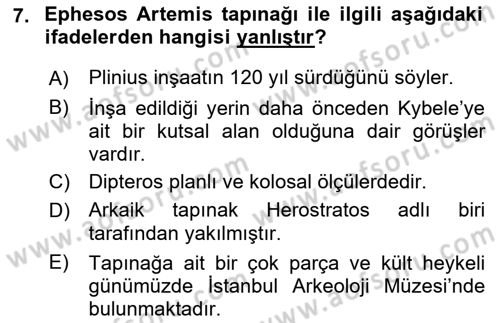 Anadolu Arkeolojisi Dersi 2018 - 2019 Yılı (Final) Dönem Sonu Sınav Soruları 7. Soru
