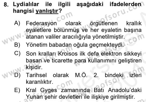 Anadolu Arkeolojisi Dersi 2018 - 2019 Yılı (Final) Dönem Sonu Sınav Soruları 8. Soru