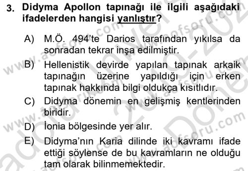 Anadolu Arkeolojisi Dersi 2019 - 2020 Yılı (Final) Dönem Sonu Sınav Soruları 3. Soru